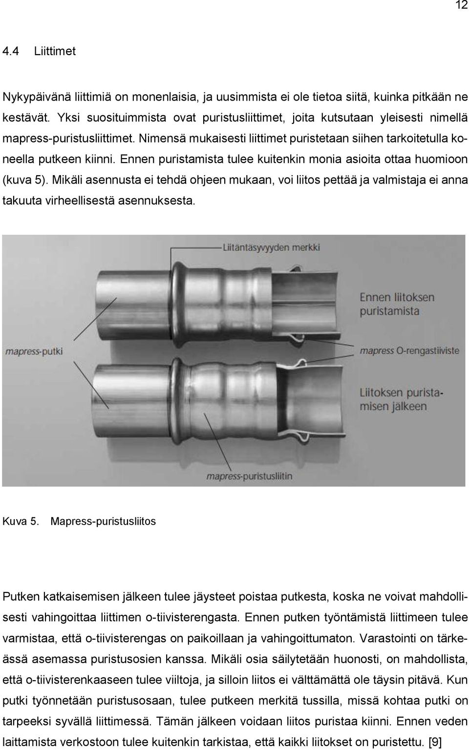 Ennen puristamista tulee kuitenkin monia asioita ottaa huomioon (kuva 5). Mikäli asennusta ei tehdä ohjeen mukaan, voi liitos pettää ja valmistaja ei anna takuuta virheellisestä asennuksesta. Kuva 5.