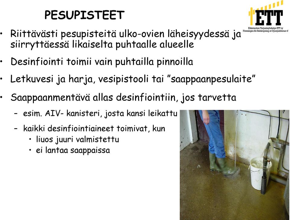 tai saappaanpesulaite Saappaanmentävä allas desinfiointiin, jos tarvetta esim.