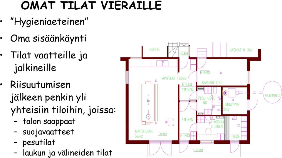 Riisuutumisen jälkeen penkin yli yhteisiin tiloihin,
