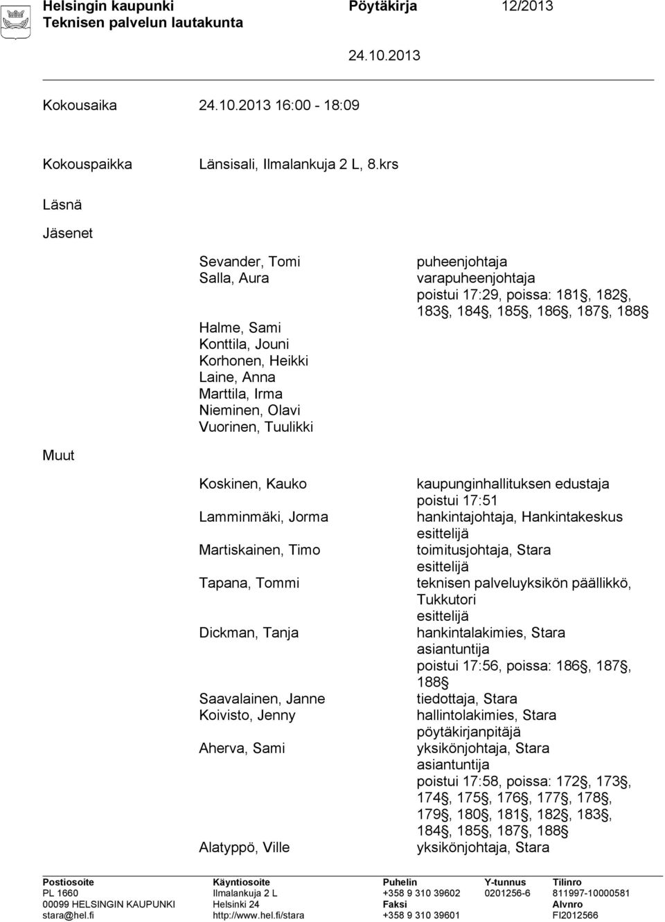 poissa: 181, 182, 183, 184, 185, 186, 187, 188 Muut Koskinen, Kauko Lamminmäki, Jorma Martiskainen, Timo Tapana, Tommi Dickman, Tanja Saavalainen, Janne Koivisto, Jenny Aherva, Sami Alatyppö, Ville