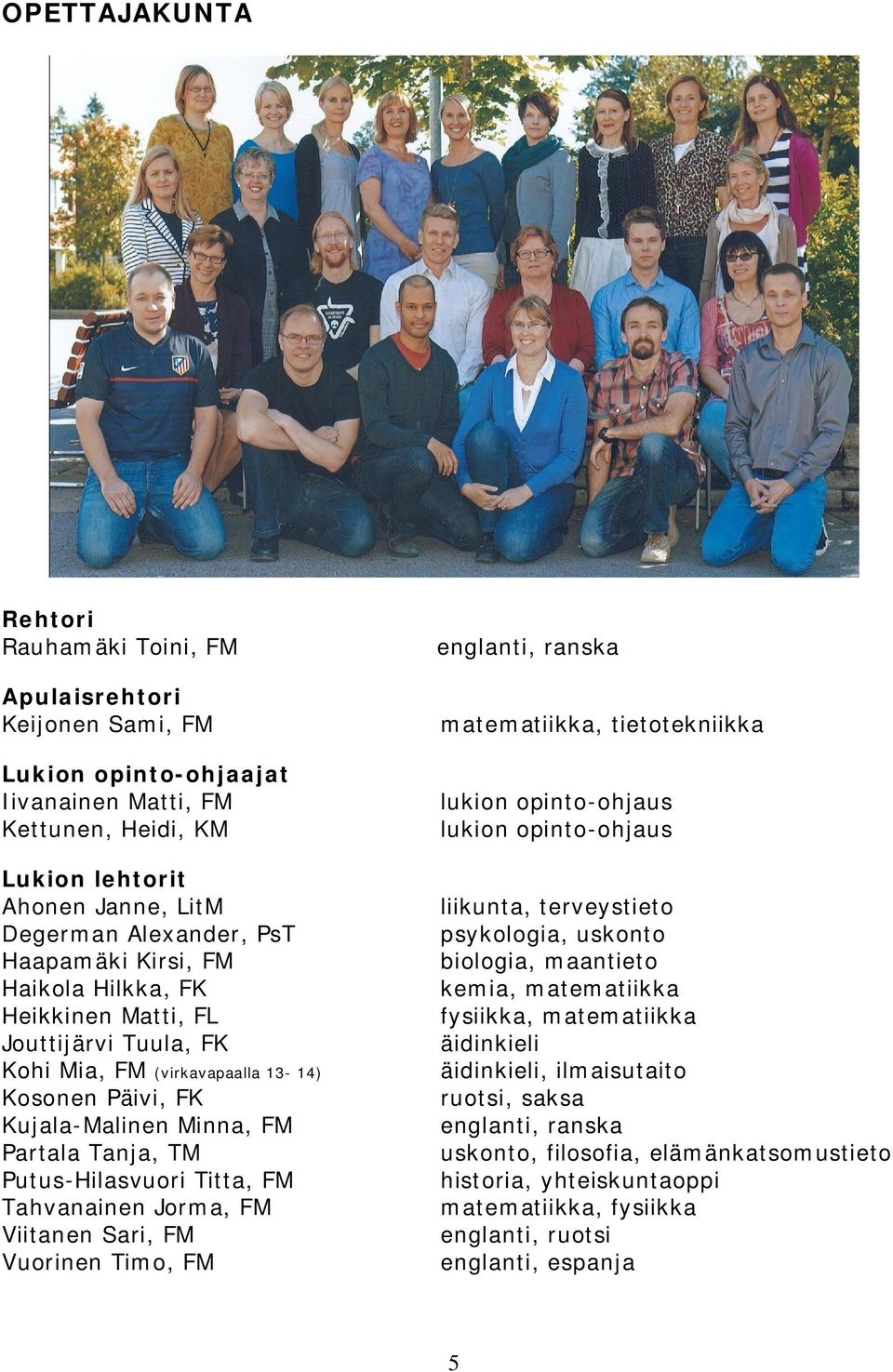 Titta, FM Tahvanainen Jorma, FM Viitanen Sari, FM Vuorinen Timo, FM englanti, ranska matematiikka, tietotekniikka lukion opinto-ohjaus lukion opinto-ohjaus liikunta, terveystieto psykologia, uskonto