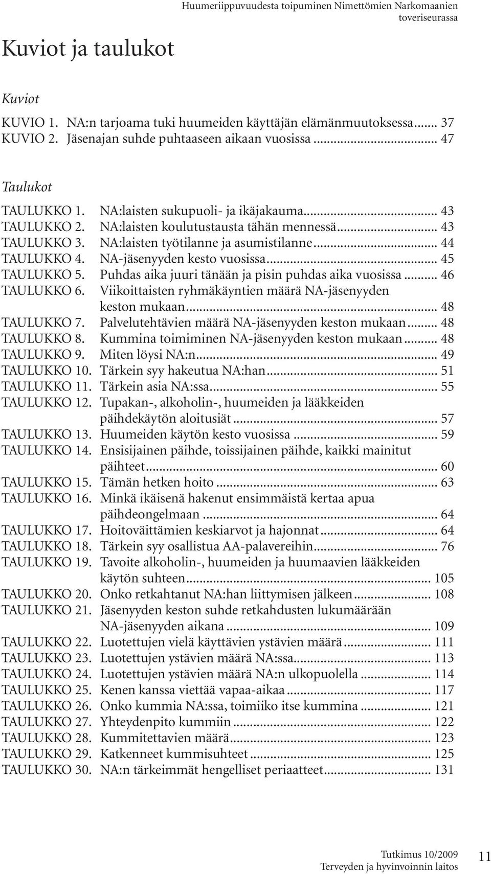 NA:laisten työtilanne ja asumistilanne... 44 TAULUKKO 4. NA-jäsenyyden kesto vuosissa... 45 TAULUKKO 5. Puhdas aika juuri tänään ja pisin puhdas aika vuosissa... 46 TAULUKKO 6.