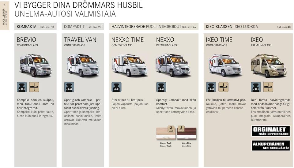 sivu 40 BREVIO COMFORT-CLASS TRAVEL VAN COMFORT-CLASS NEXXO TIME COMFORT-CLASS NEXXO PREMIUM-CLASS IXEO TIME COMFORT-CLASS IXEO PREMIUM-CLASS Kompakt som en skåpbil, men funktionell som en