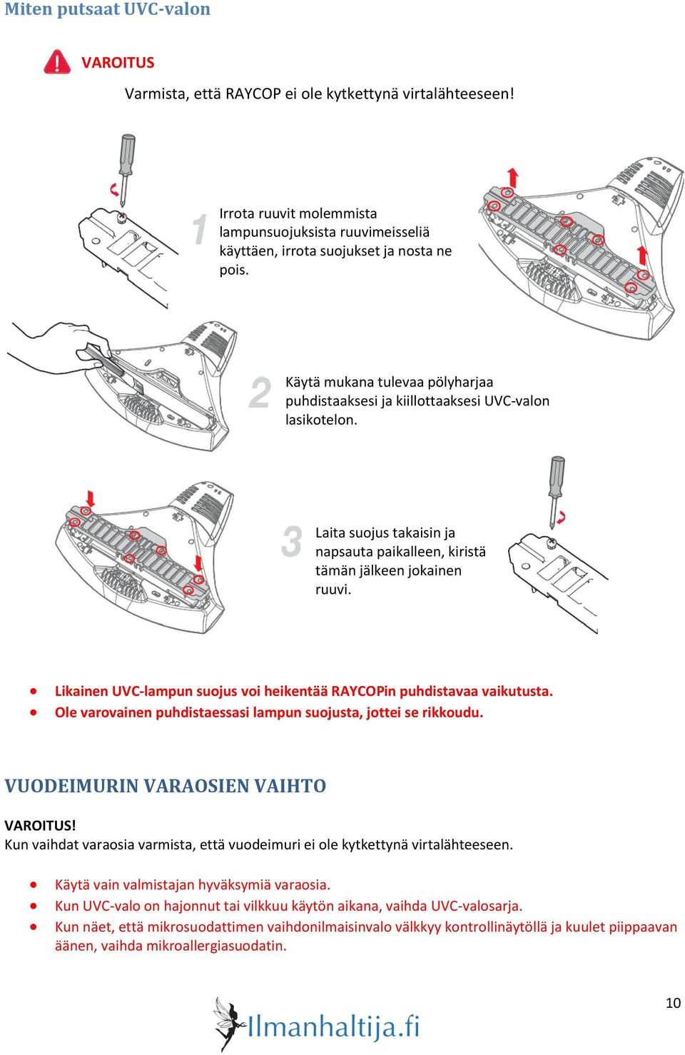 Likainen UVC-lampun suojus voi heikentää RAYCOPin puhdistavaa vaikutusta. Ole varovainen puhdistaessasi lampun suojusta, jottei se rikkoudu. VUODEIMURIN VARAOSIEN VAIHTO VAROITUS!