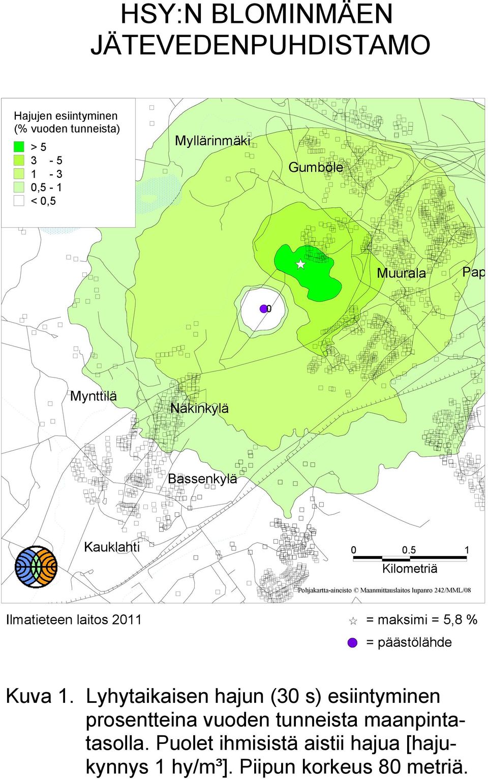 5 1 Kilometriä Pohjakartta-aineisto Maanmittauslaitos lupanro 242/MML/08 Ilmatieteen laitos 2011 = maksimi = 5,8 % =