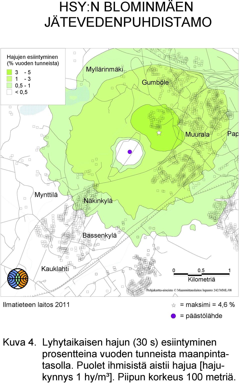 5 1 Kilometriä Pohjakartta-aineisto Maanmittauslaitos lupanro 242/MML/08 Ilmatieteen laitos 2011 = maksimi = 4,6 % =