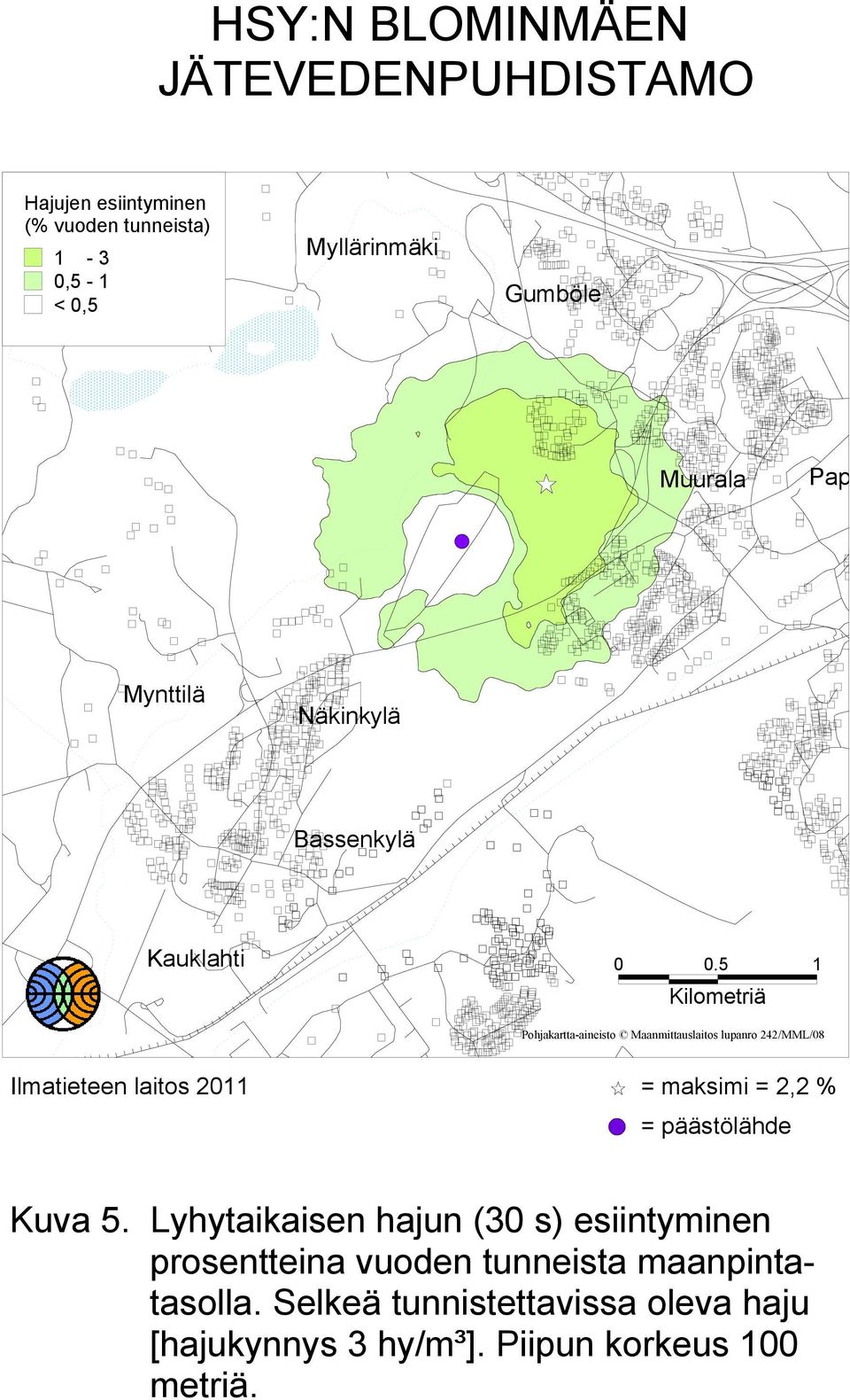 5 1 Kilometriä Pohjakartta-aineisto Maanmittauslaitos lupanro 242/MML/08 Ilmatieteen laitos 2011 = maksimi = 2,2 % =