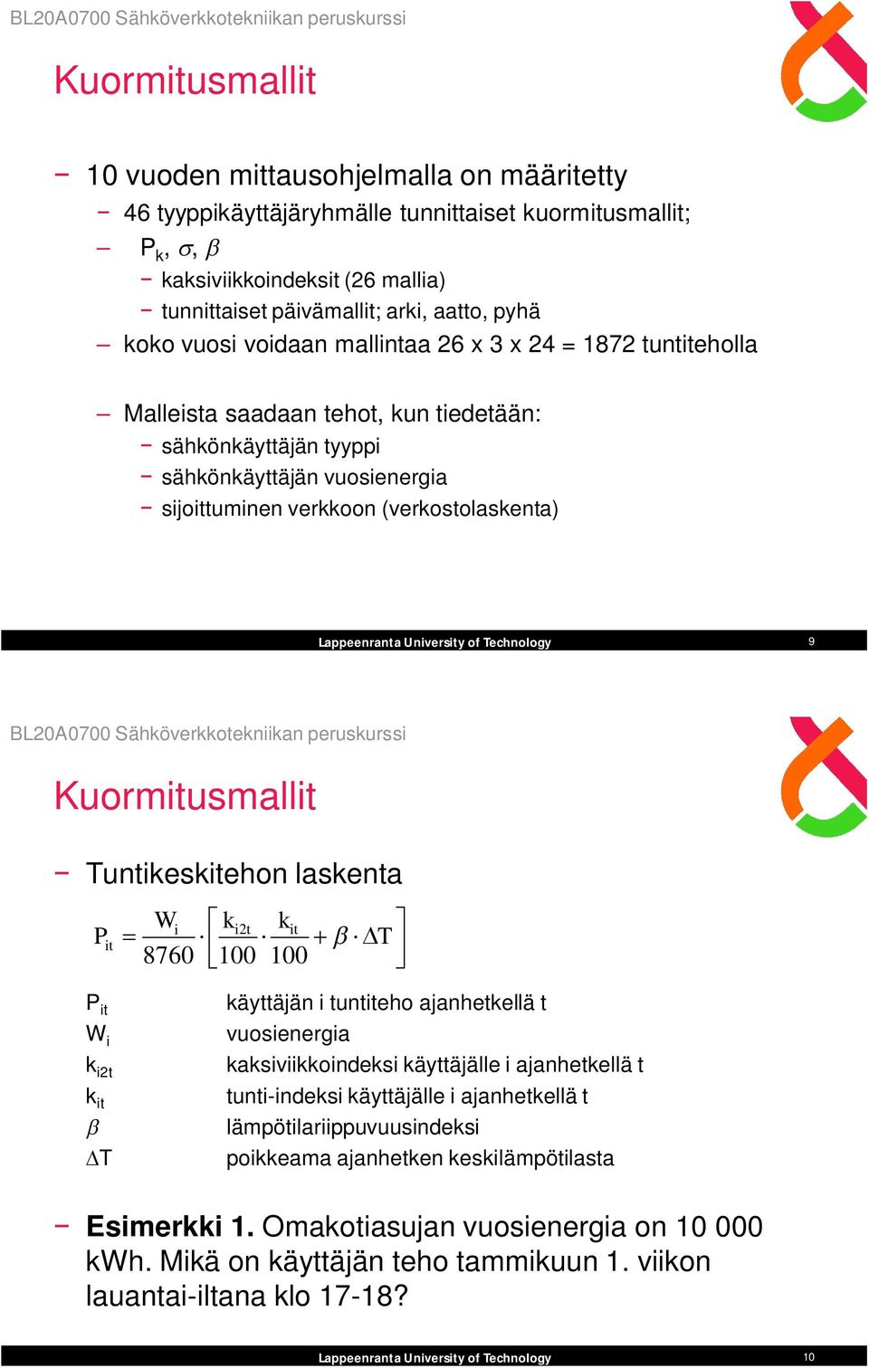 Kuormitusmallit untikeskitehon laskenta it Wi kit kit 876 it W i k it k it käyttäjän i tuntiteho ajanhetkellä t vuosienergia kaksiviikkoindeksi käyttäjälle i ajanhetkellä t tunti-indeksi