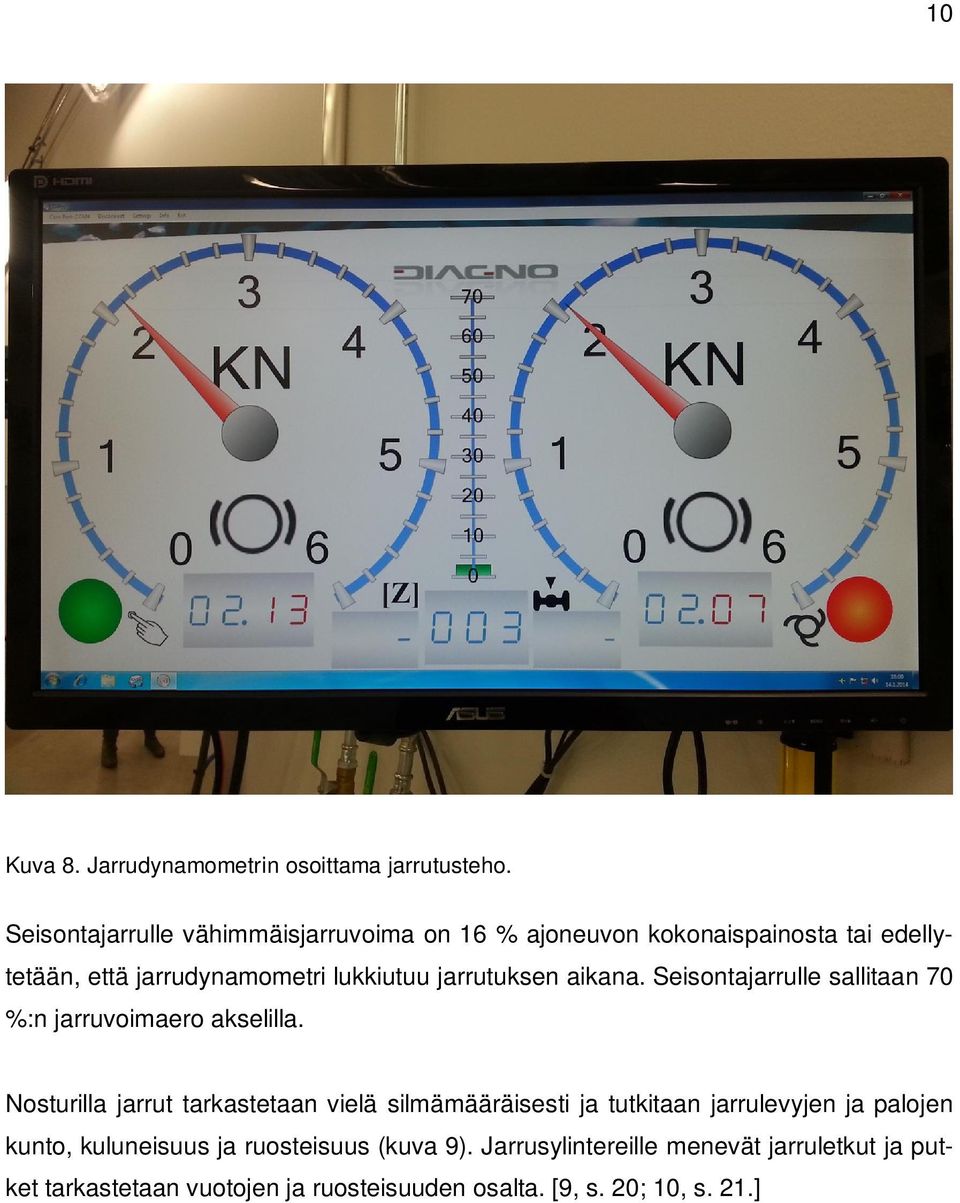 jarrutuksen aikana. Seisontajarrulle sallitaan 70 %:n jarruvoimaero akselilla.