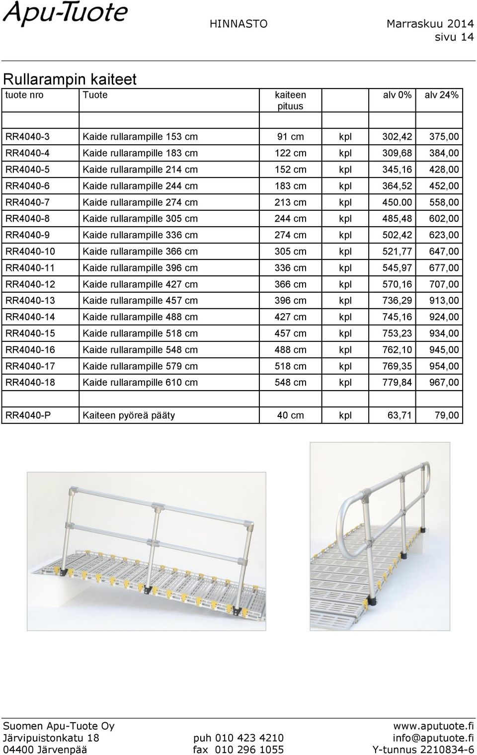 00 558,00 RR4040-8 Kaide rullarampille 305 cm 244 cm kpl 485,48 602,00 RR4040-9 Kaide rullarampille 336 cm 274 cm kpl 502,42 623,00 RR4040-10 Kaide rullarampille 366 cm 305 cm kpl 521,77 647,00