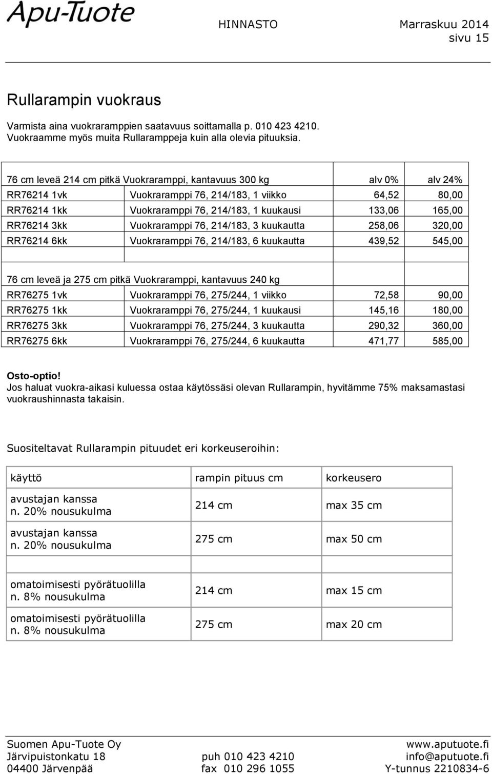 RR76214 3kk Vuokraramppi 76, 214/183, 3 kuukautta 258,06 320,00 RR76214 6kk Vuokraramppi 76, 214/183, 6 kuukautta 439,52 545,00 76 cm leveä ja 275 cm pitkä Vuokraramppi, kantavuus 240 kg RR76275 1vk