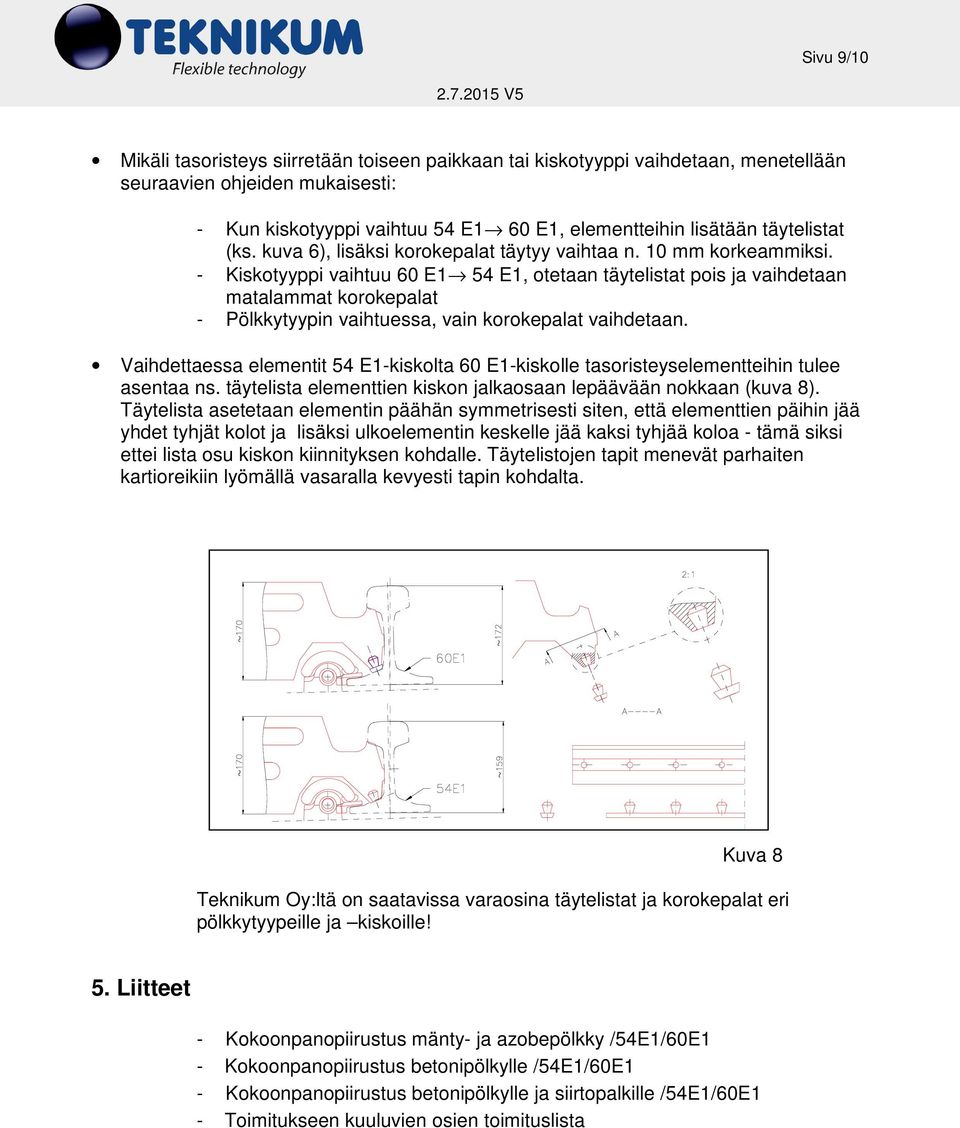 - Kiskotyyppi vaihtuu 60 E1 54 E1, otetaan täytelistat pois ja vaihdetaan matalammat korokepalat - Pölkkytyypin vaihtuessa, vain korokepalat vaihdetaan.