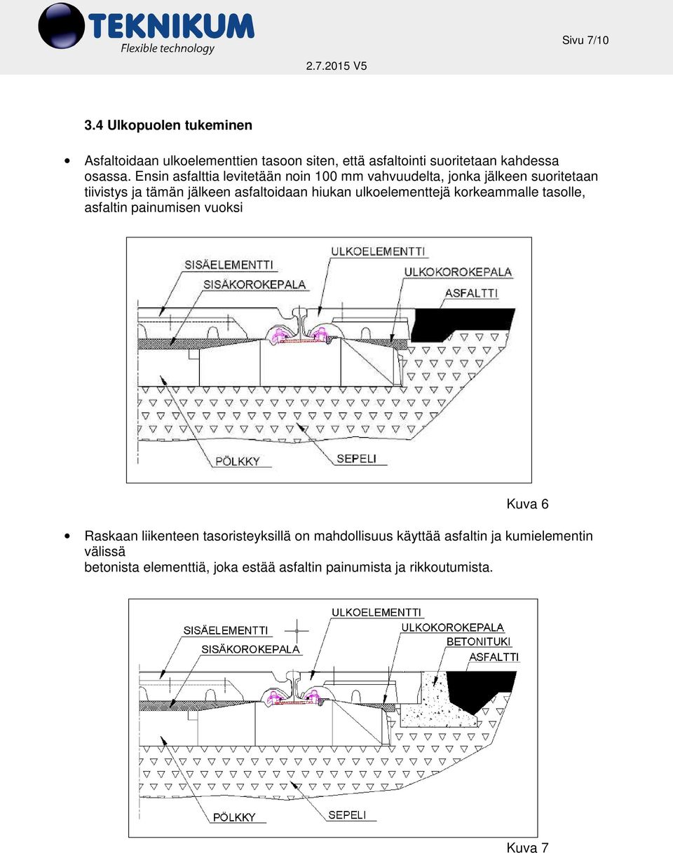 hiukan ulkoelementtejä korkeammalle tasolle, asfaltin painumisen vuoksi Kuva 6 Raskaan liikenteen tasoristeyksillä on