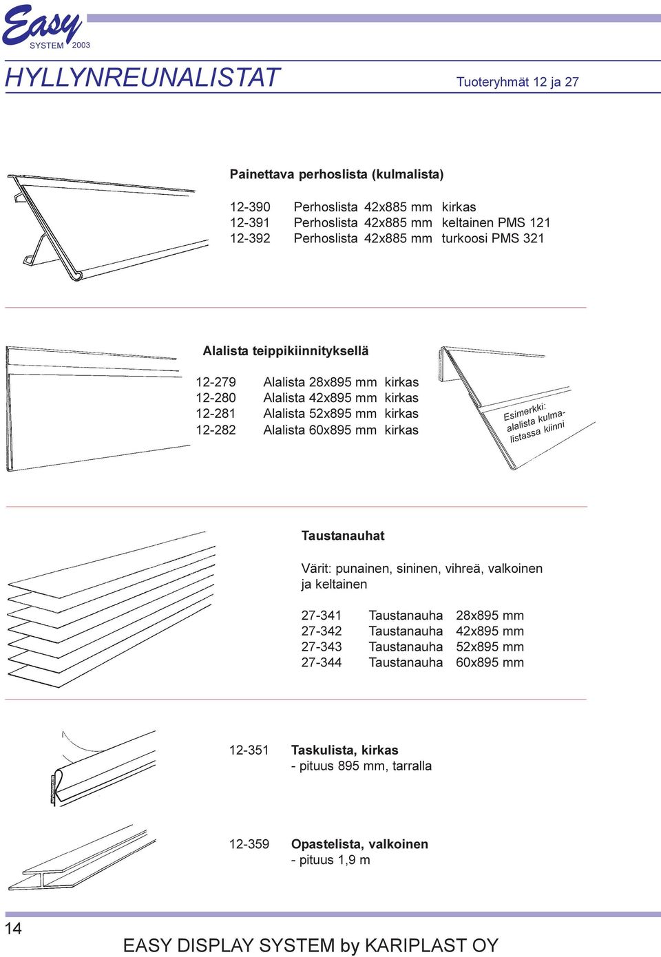 12-282 Alalista 60x895 mm kirkas Esimerkki: alalista kulmalistassa kiinni Taustanauhat Värit: punainen, sininen, vihreä, valkoinen ja keltainen 27-341 Taustanauha 28x895 mm