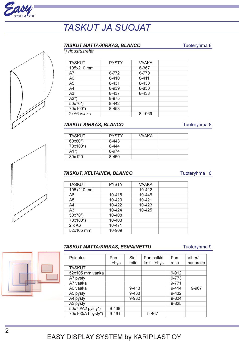 Tuoteryhmä 10 TASKUT PYSTY VAAKA 105x210 mm 10-412 A6 10-415 10-446 A5 10-420 10-421 A4 10-422 10-423 A3 10-424 10-425 50x70*) 10-408 70x100*) 10-403 2 x A6 10-471 52x105 mm 10-909 TASKUT