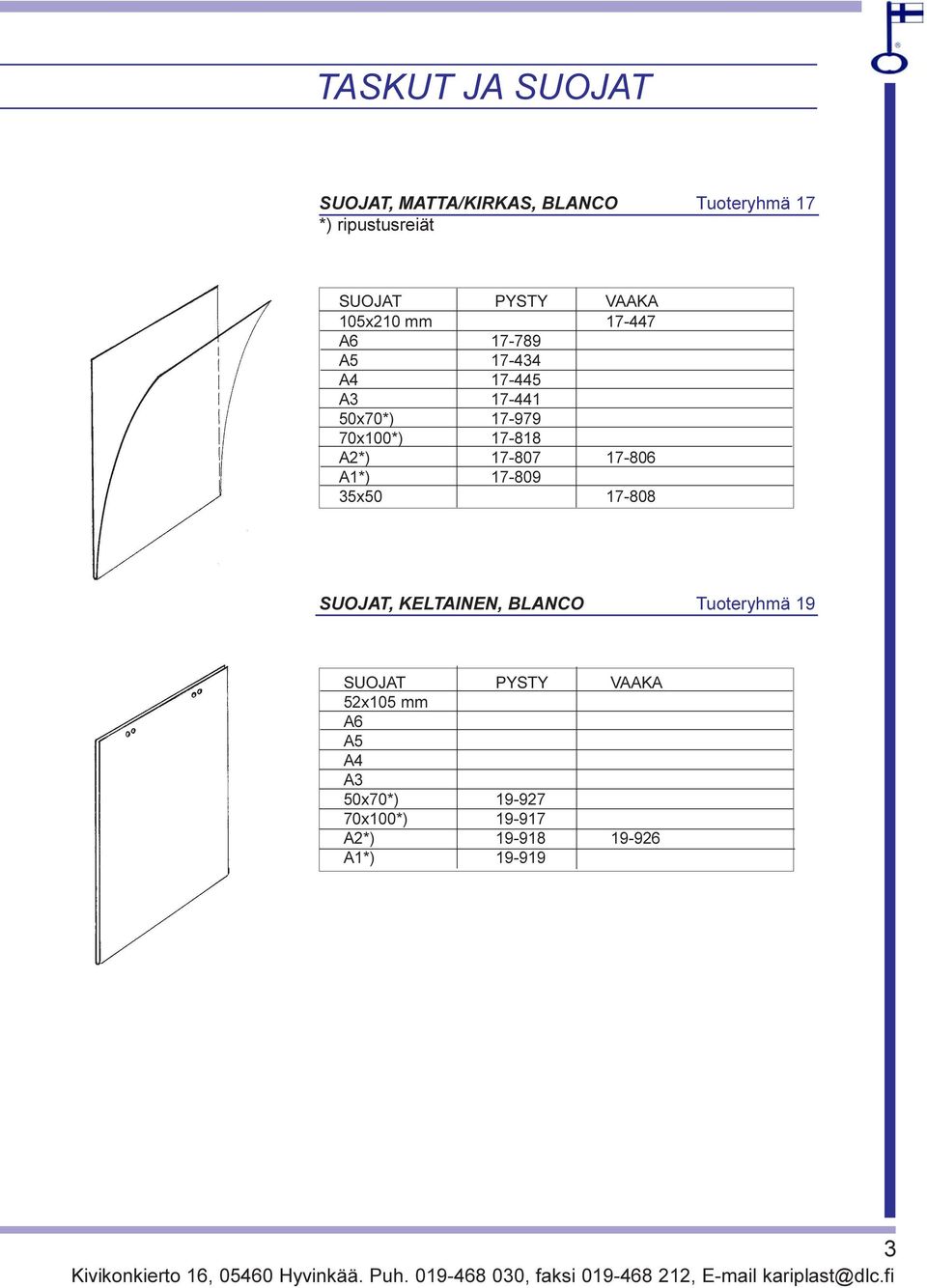 SUOJAT, KELTAINEN, BLANCO Tuoteryhmä 19 SUOJAT PYSTY VAAKA 52x105 mm A6 A5 A4 A3 50x70*) 19-927 70x100*) 19-917 A2*)