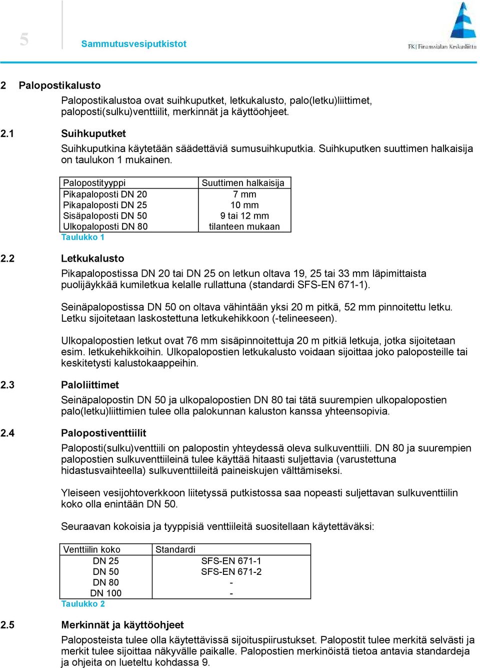 Palopostityyppi Pikapaloposti DN 0 Pikapaloposti DN 5 Sisäpaloposti DN 50 Ulkopaloposti DN 80 Taulukko 1 Suuttimen halkaisija 7 mm 10 mm 9 tai 1 mm tilanteen mukaan.