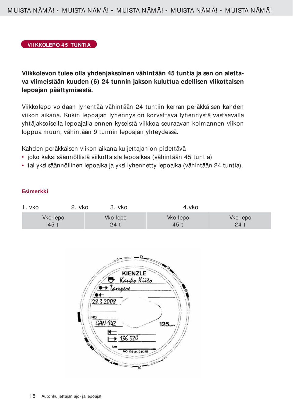 VIIKKOLEPO 45 TUNTIA Viikkolevon tulee olla yhdenjaksoinen vähintään 45 tuntia ja sen on alettava viimeistään kuuden (6) 24 tunnin jakson kuluttua edellisen viikottaisen lepoajan päättymisestä.