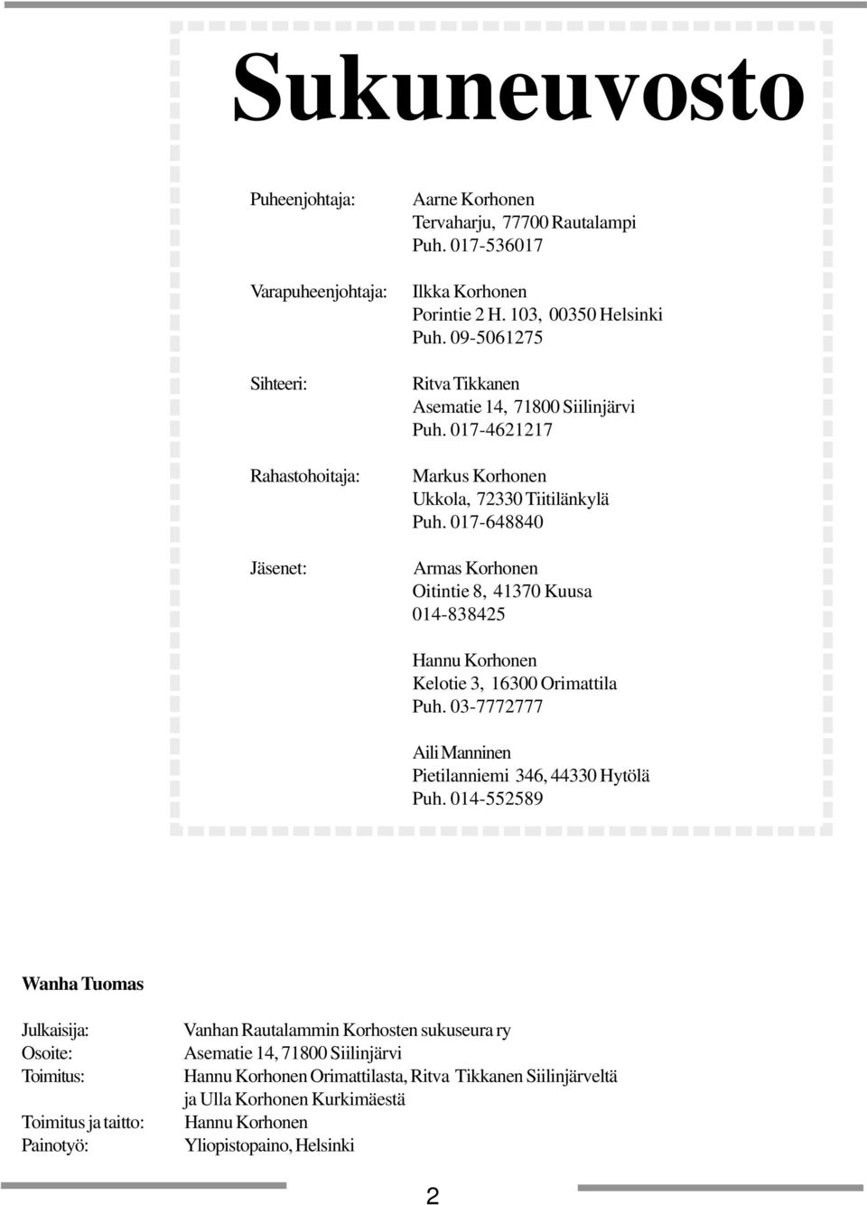 017-648840 Armas Korhonen Oitintie 8, 41370 Kuusa 014-838425 Hannu Korhonen Kelotie 3, 16300 Orimattila Puh. 03-7772777 Aili Manninen Pietilanniemi 346, 44330 Hytölä Puh.