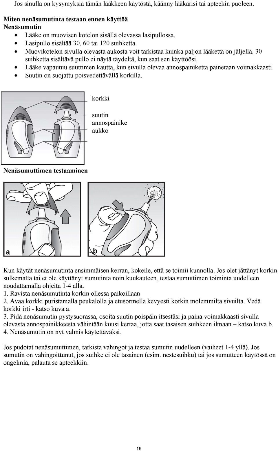 30 suihketta sisältävä pullo ei näytä täydeltä, kun saat sen käyttöösi. Lääke vapautuu suuttimen kautta, kun sivulla olevaa annospainiketta painetaan voimakkaasti.