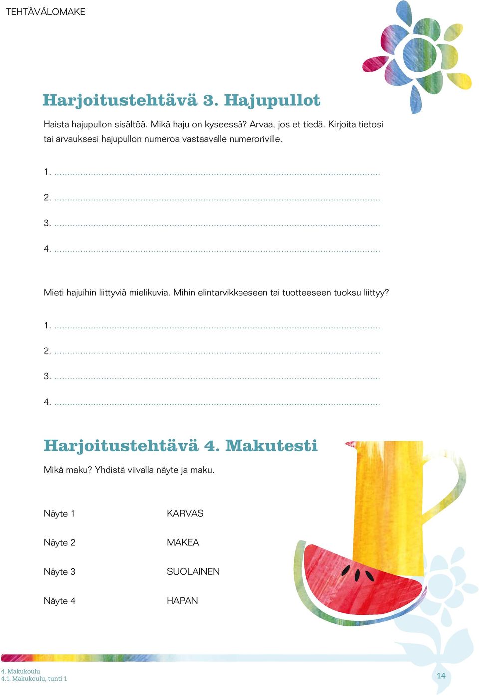 ... Mieti hajuihin liittyviä mielikuvia. Mihin elintarvikkeeseen tai tuotteeseen tuoksu liittyy? 1.... 2.... 3.... 4.