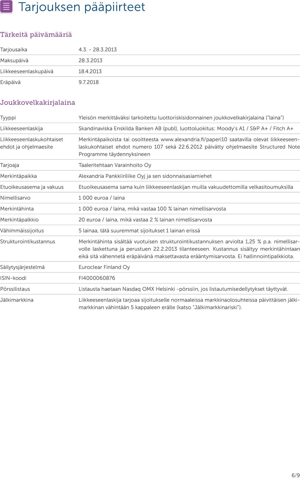 Moody s A1 / S&P A+ / Fitch A+ Liikkeeseenlaskukohtaiset ehdot ja ohjelmaesite Tarjoaja Merkintäpaikka Etuoikeusasema ja vakuus Nimellisarvo Merkintähinta Merkintäpalkkio Vähimmäissijoitus