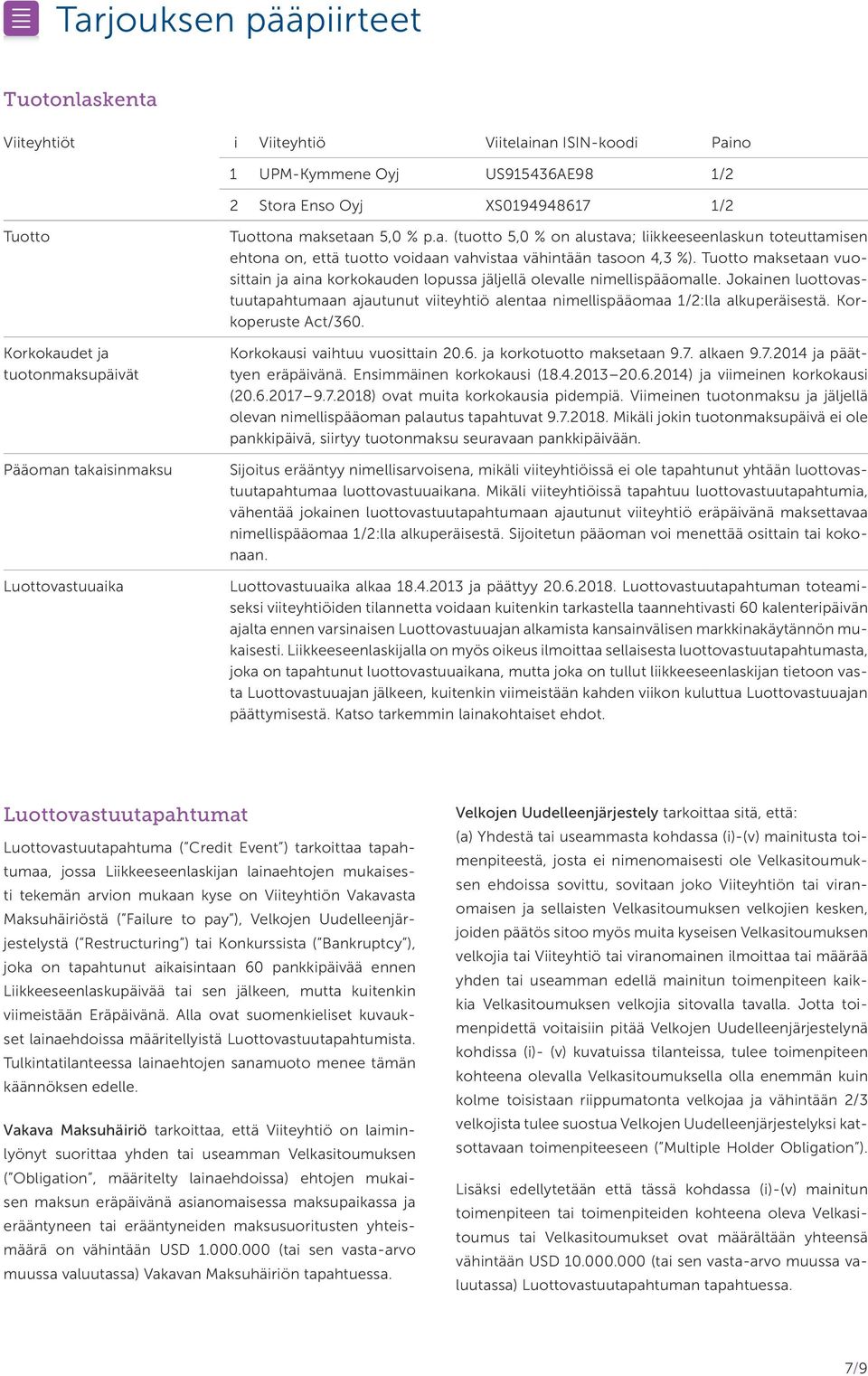 Tuotto maksetaan vuosittain ja aina korkokauden lopussa jäljellä olevalle nimellispääomalle. Jokainen luottovastuutapahtumaan ajautunut viiteyhtiö alentaa nimellispääomaa 1/2:lla alkuperäisestä.