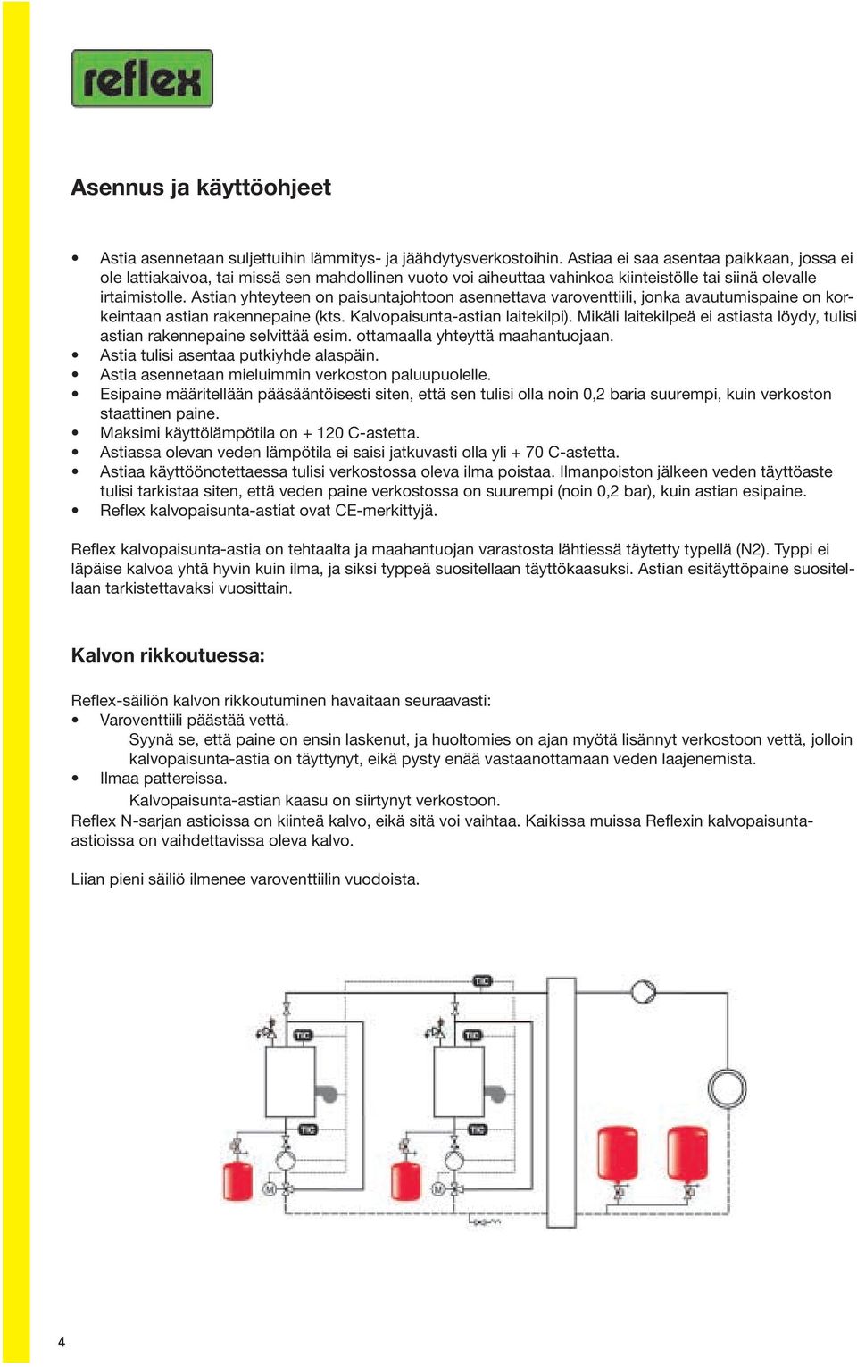 Astian yhteyteen on paisuntajohtoon asennettava varoventtiili, jonka avautumispaine on korkeintaan astian rakennepaine (kts. Kalvopaisunta-astian laitekilpi).