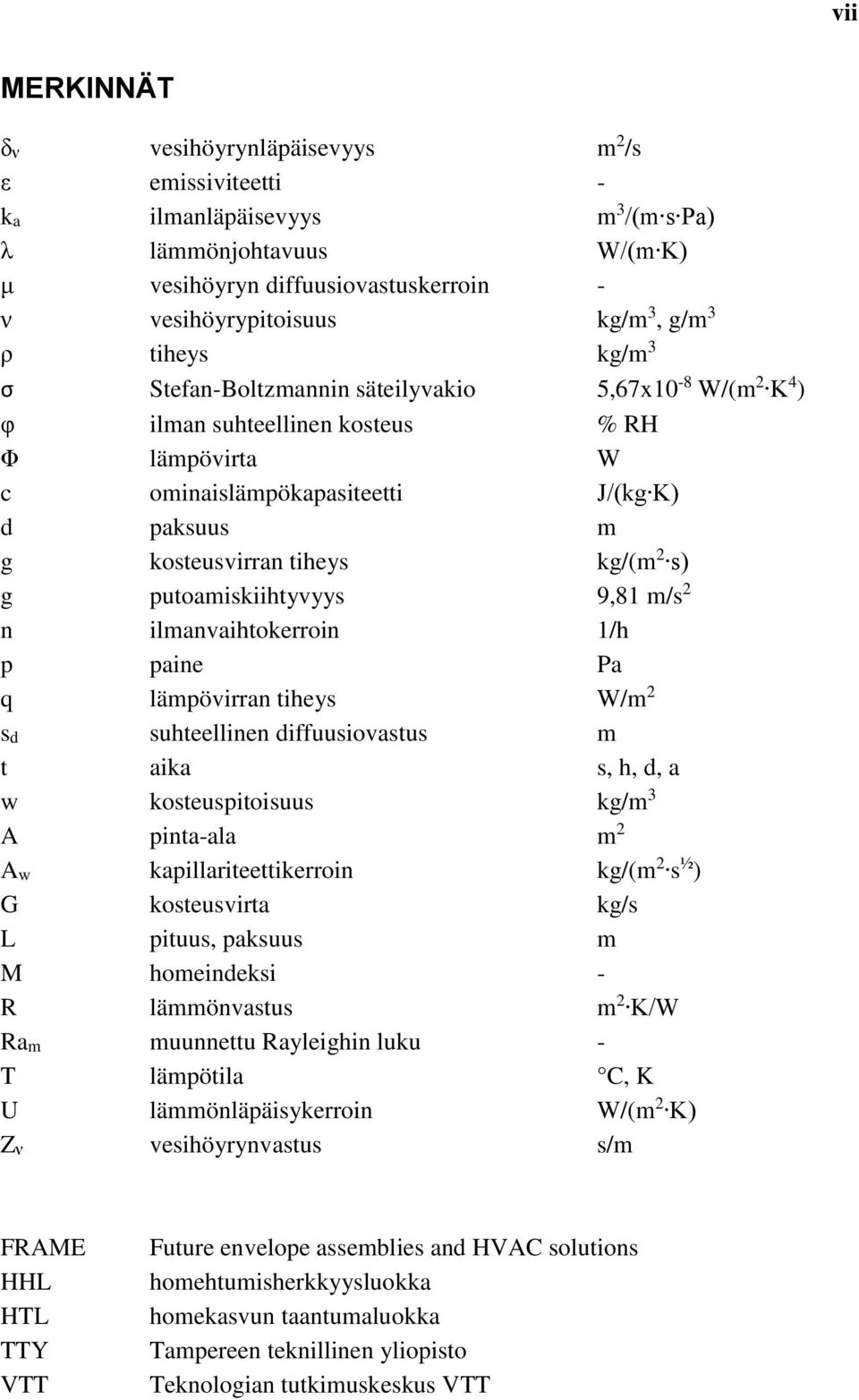 s) g putoamiskiihtyvyys 9,81 m/s 2 n ilmanvaihtokerroin 1/h p paine Pa q lämpövirran tiheys W/m 2 sd suhteellinen diffuusiovastus m t aika s, h, d, a w kosteuspitoisuus kg/m 3 A pinta-ala m 2 Aw