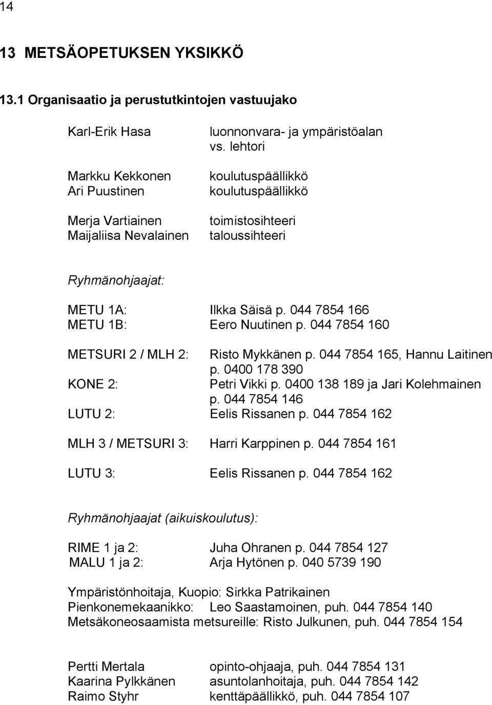 044 7854 160 METSURI 2 / MLH 2: Risto Mykkänen p. 044 7854 165, Hannu Laitinen p. 0400 178 390 KONE 2: Petri Vikki p. 0400 138 189 ja Jari Kolehmainen p. 044 7854 146 LUTU 2: Eelis Rissanen p.