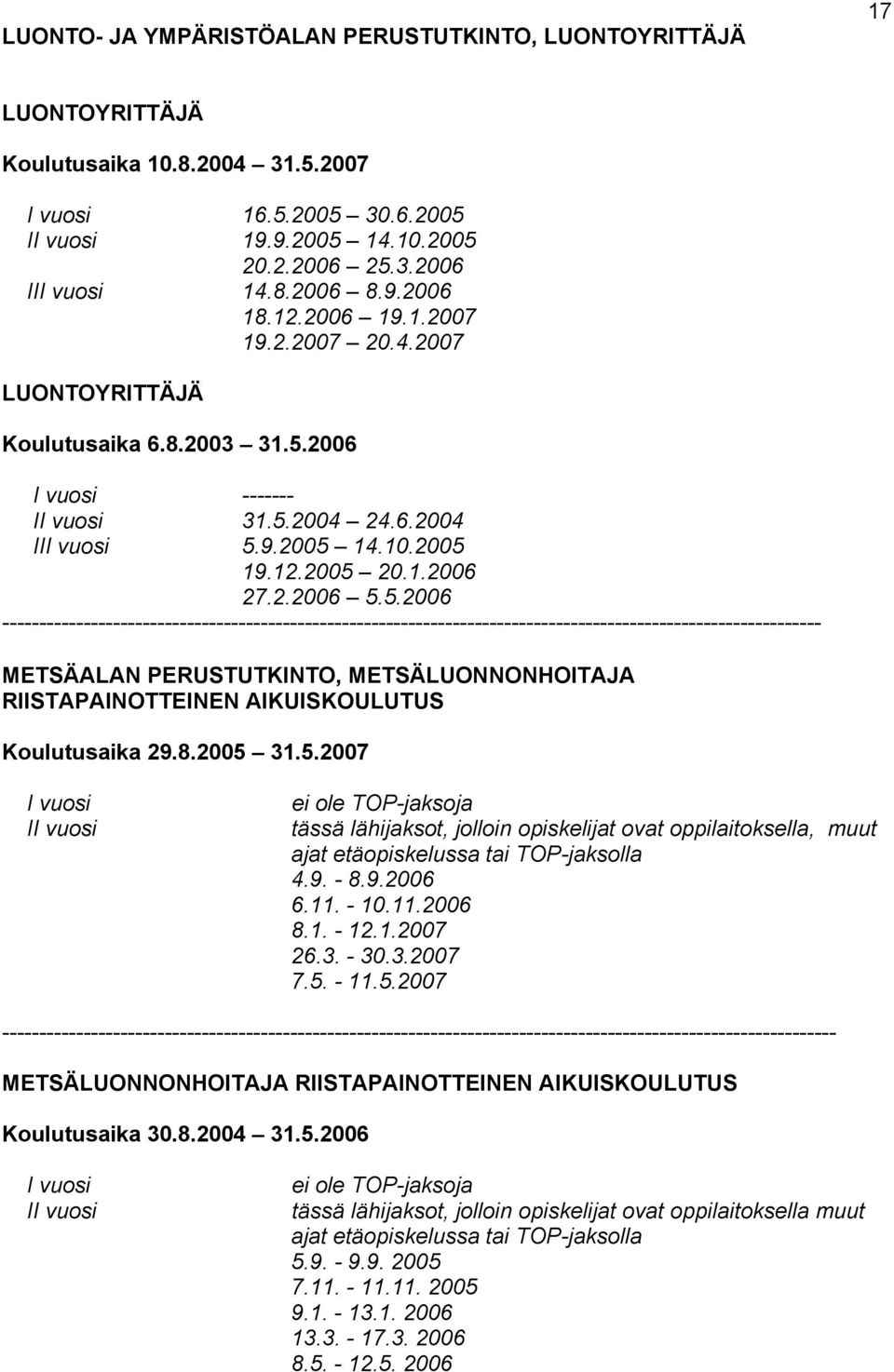 5.2006 --------------------------------------------------------------------------------------------------------------- METSÄALAN PERUSTUTKINTO, METSÄLUONNONHOITAJA RIISTAPAINOTTEINEN AIKUISKOULUTUS