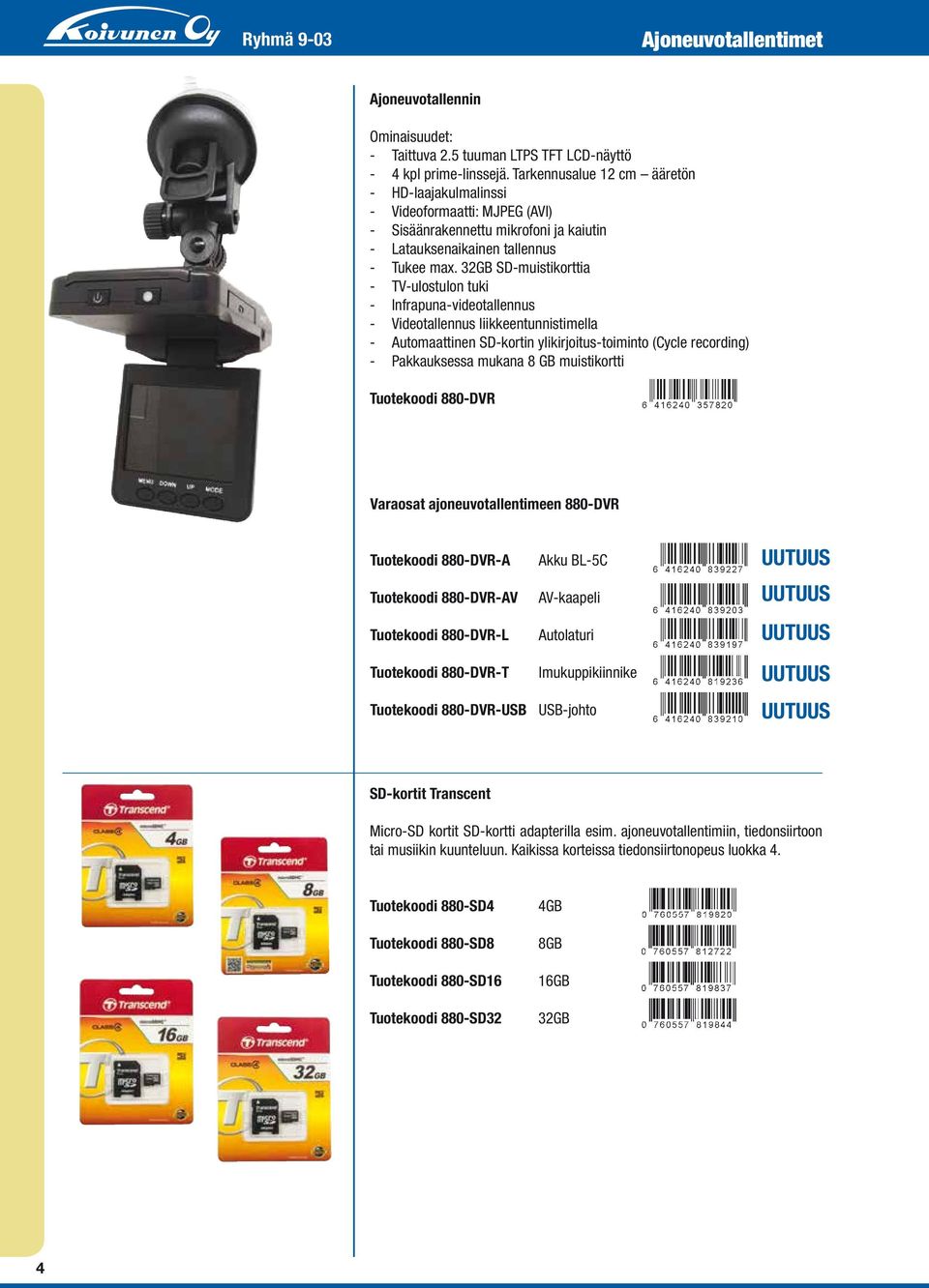 32GB SD-muistikorttia - TV-ulostulon tuki - Infrapuna-videotallennus - Videotallennus liikkeentunnistimella - Automaattinen SD-kortin ylikirjoitus-toiminto (Cycle recording) - Pakkauksessa mukana 8