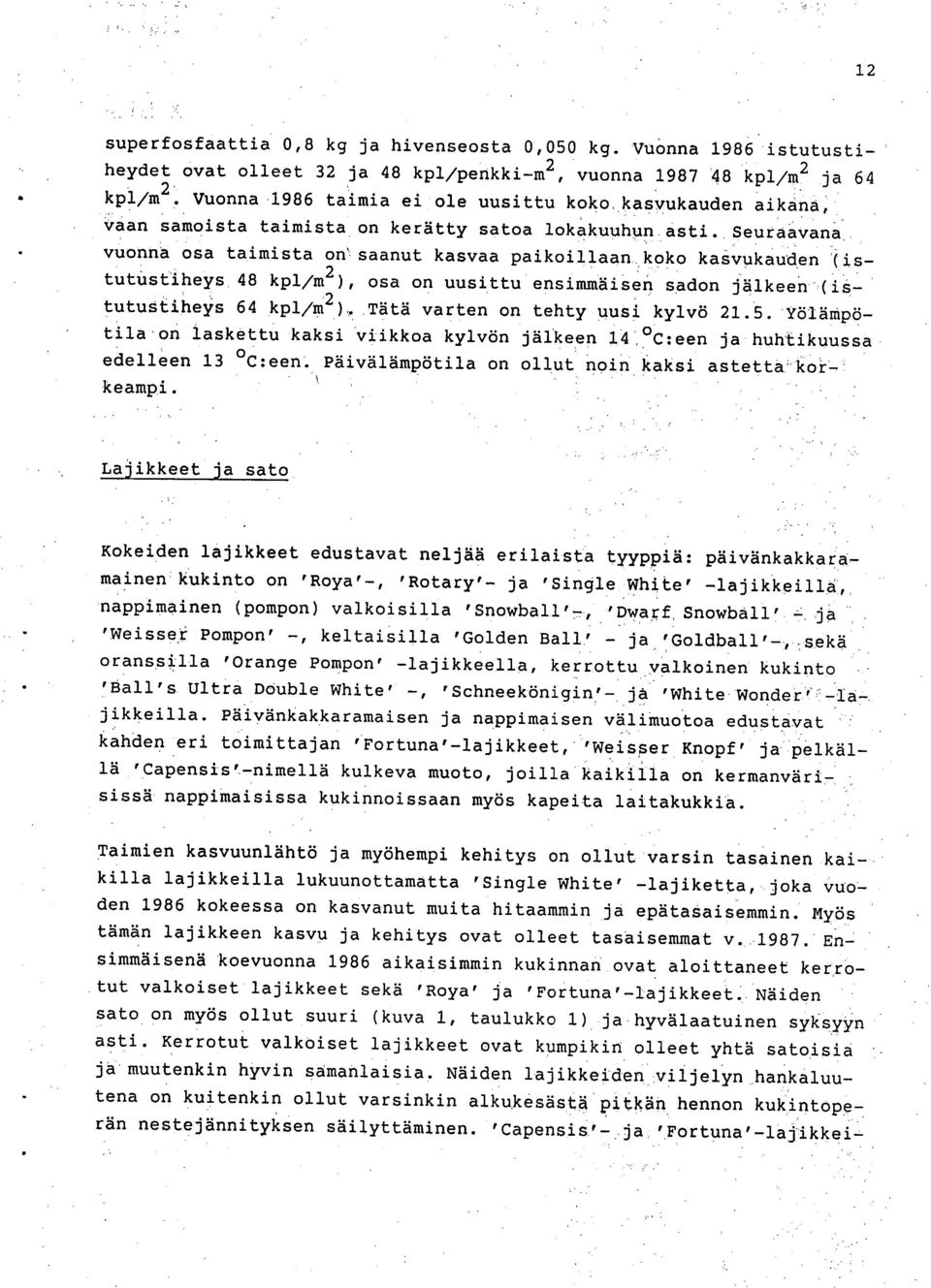 Seuraavana vuonna osa taimista on saanut kasvaa paikoillaan koko kasvukauden (istutilstiheys 48 kpl/m2), osa on uusittu ensimmäisen sadon jälkeen (istutustiheys 64 kpl/m2).