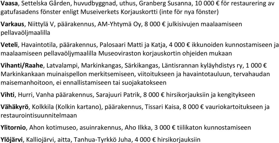 Museoviraston korjauskortin ohjeiden mukaan Vihanti/Raahe, Latvalampi, Markinkangas, Särkikangas, Läntisrannan kyläyhdistys ry, 1 000 Markinkankaan muinaispellon merkitsemiseen, viitoitukseen ja