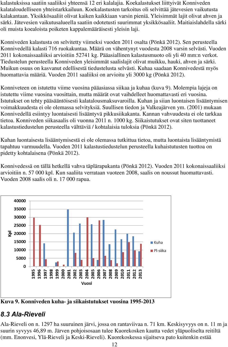 Jätevesien vaikutusalueella saatiin odotetusti suurimmat yksikkösaaliit. Maitiaislahdella särki oli muista koealoista poiketen kappalemääräisesti yleisin laji.