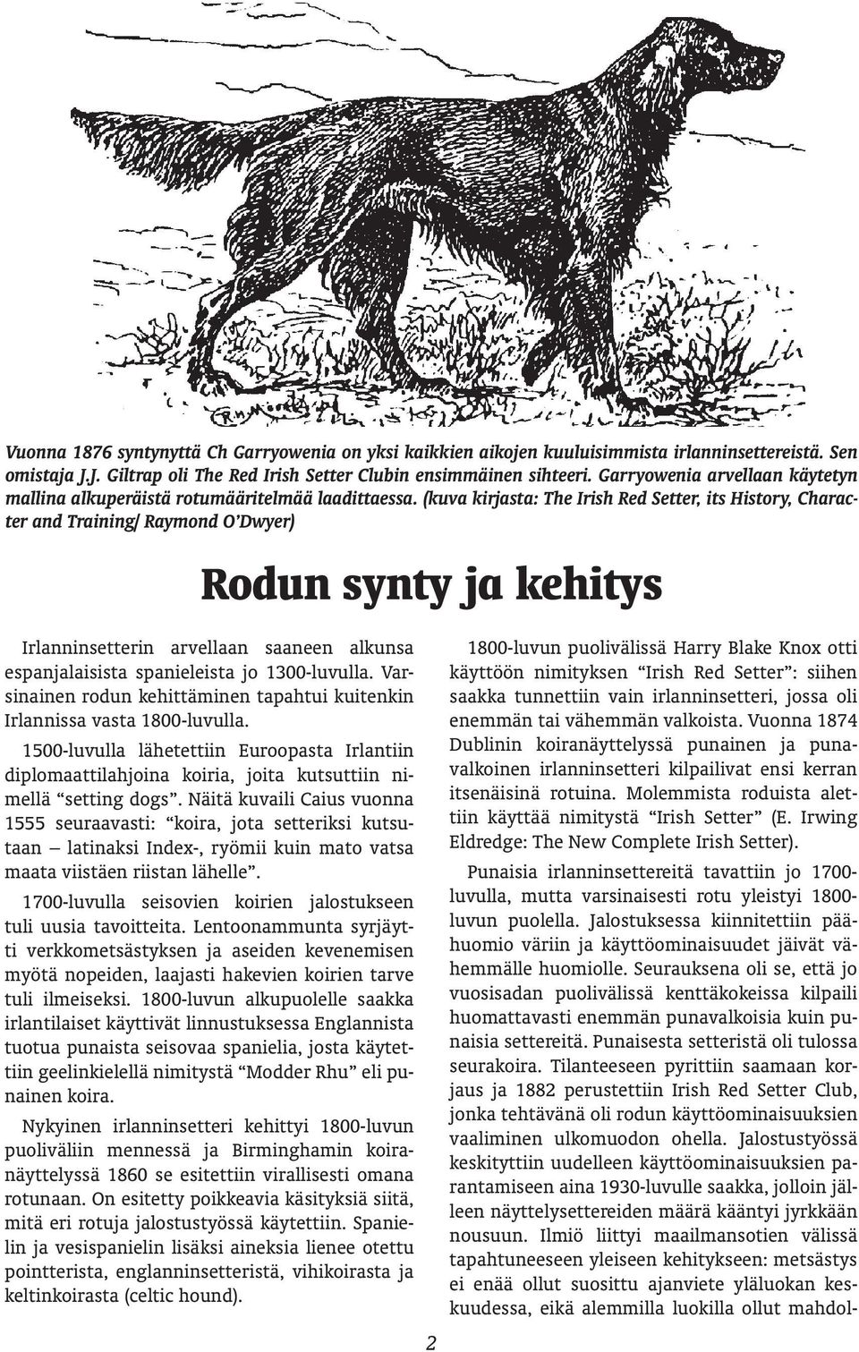 (kuva kirjasta: The Irish Red Setter, its History, Character and Training/ Raymond O Dwyer) Rodun synty ja kehitys Irlanninsetterin arvellaan saaneen alkunsa espanjalaisista spanieleista jo