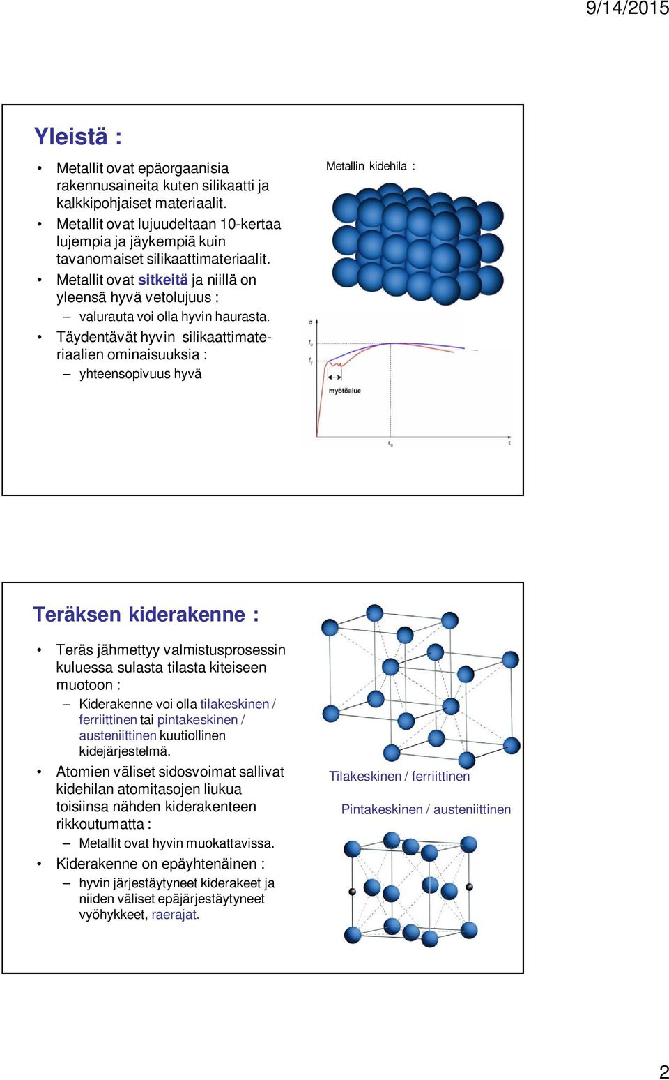 Täydentävät hyvin silikaattimateriaalien ominaisuuksia : yhteensopivuus hyvä Metallin kidehila : Teräksen kiderakenne : Teräs jähmettyy valmistusprosessin kuluessa sulasta tilasta kiteiseen muotoon :