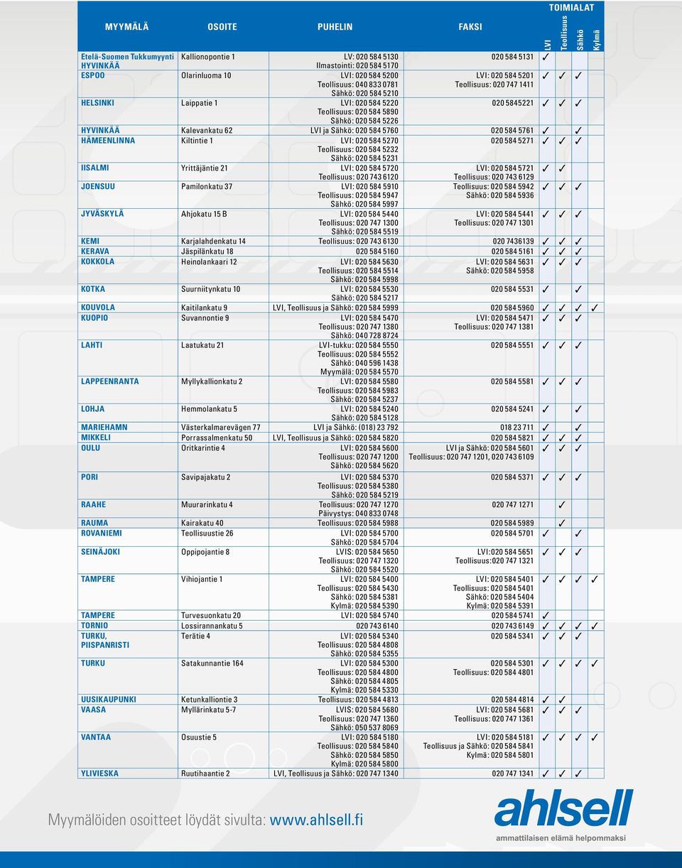 LVI ja Sähkö: 020 584 5760 020 584 5761 hämeenlinna Kiltintie 1 LVI: 020 584 5270 020 584 5271 Teollisuus: 020 584 5232 Sähkö: 020 584 5231 iisalmi Yrittäjäntie 21 LVI: 020 584 5720 LVI: 020 584 5721