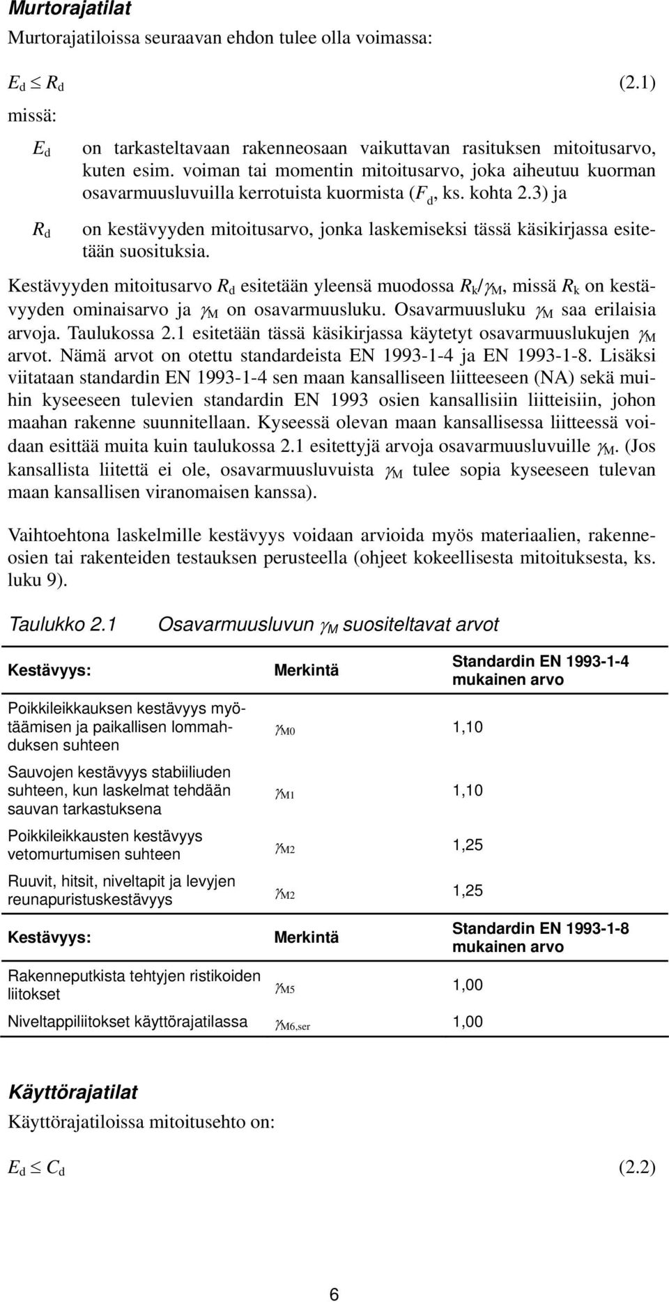 3) ja R d on kestävyyden mitoitusarvo, jonka laskemiseksi tässä käsikirjassa esitetään suosituksia.