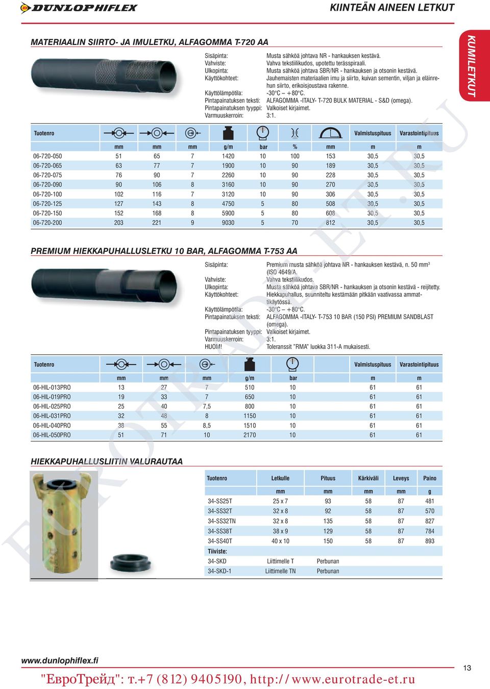 Jauhemaisten materiaalien imu ja siirto, kuivan sementin, viljan ja eläinrehun siirto, erikoisjoustava rakenne. -30 C +80 C. ALFAGOMMA -ITALY- T-720 BULK MATERIAL - S&D (omega). Valkoiset kirjaimet.