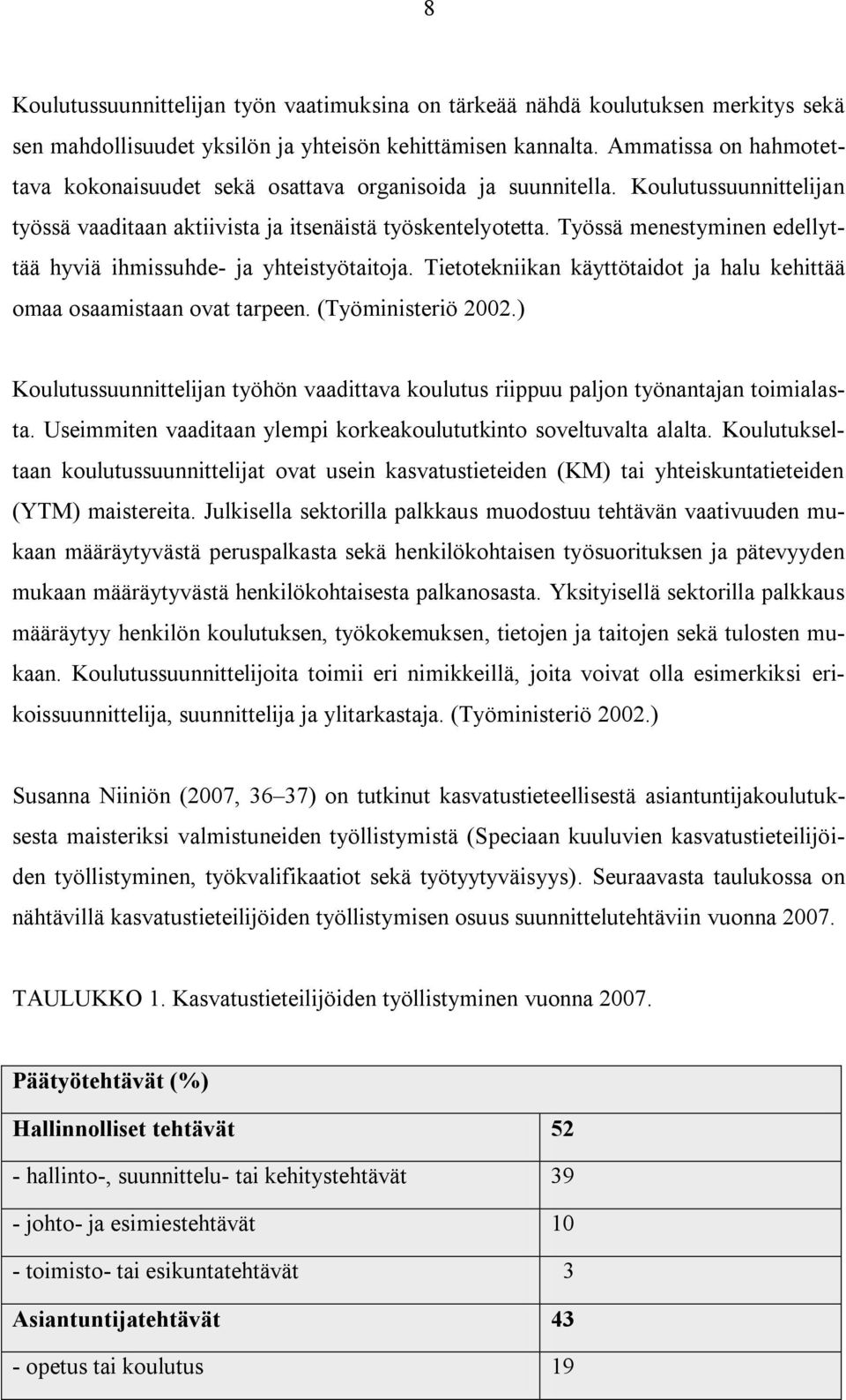 Työssä menestyminen edellyttää hyviä ihmissuhde- ja yhteistyötaitoja. Tietotekniikan käyttötaidot ja halu kehittää omaa osaamistaan ovat tarpeen. (Työministeriö 2002.