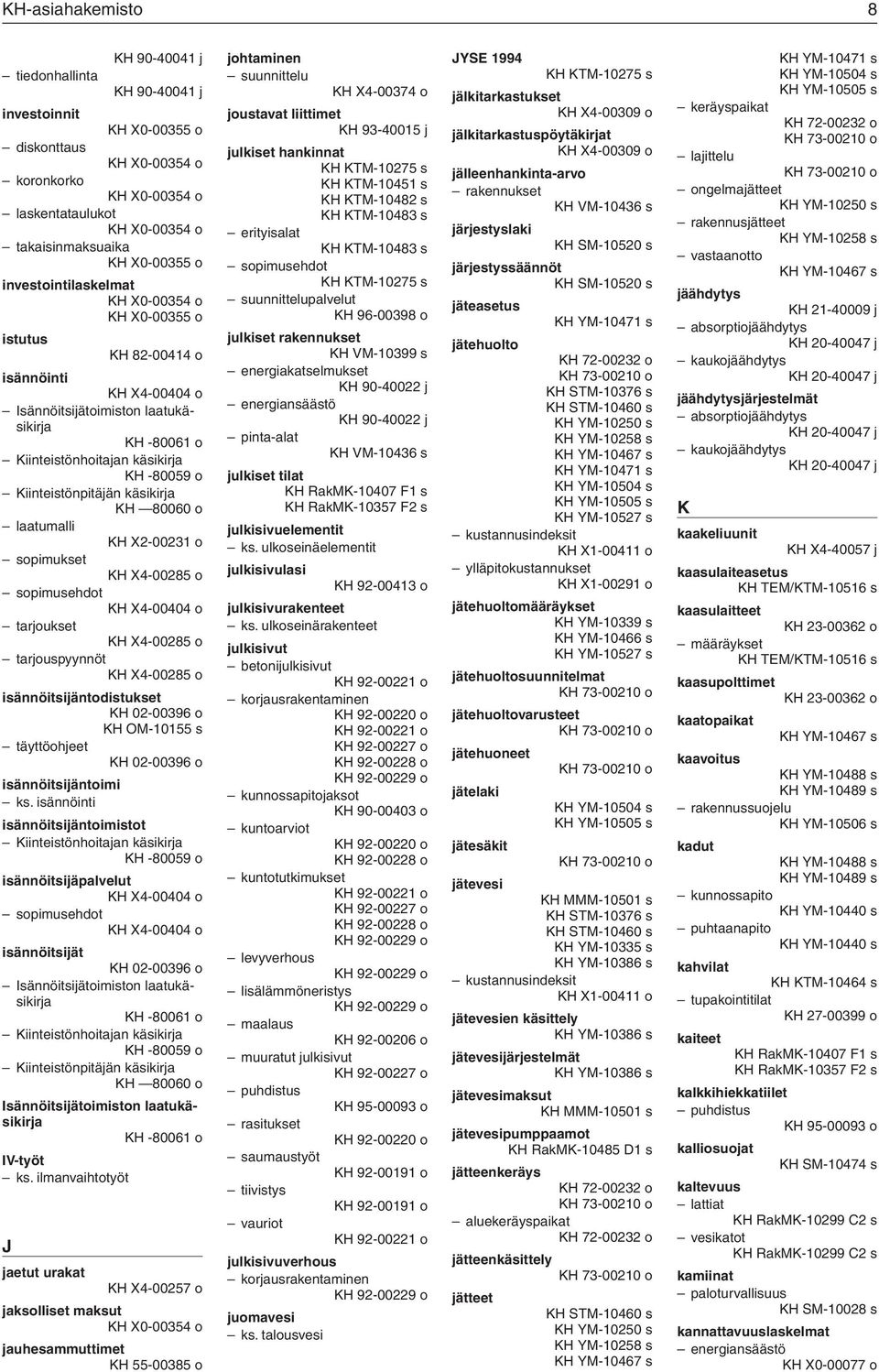 Kiinteistönpitäjän käsikirja KH 80060 o laatumalli KH X2-00231 o sopimukset KH X4-00285 o sopimusehdot KH X4-00404 o tarjoukset KH X4-00285 o tarjouspyynnöt KH X4-00285 o isännöitsijäntodistukset KH