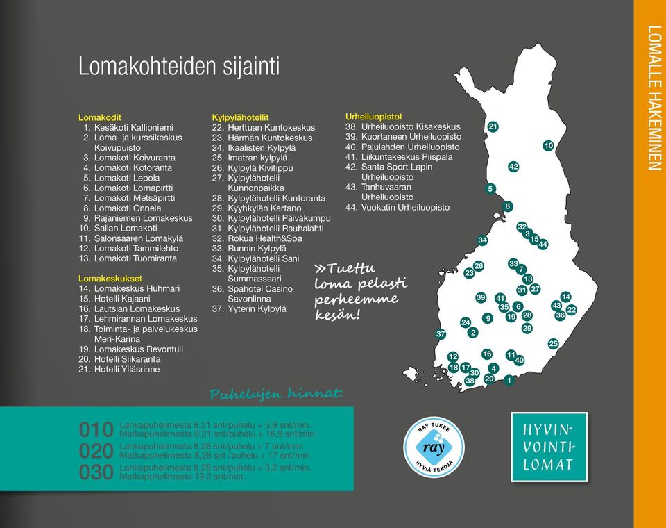 Hotelli Kajaani 16. Lautsian Lomakeskus 17. Lehmirannan Lomakeskus 18. Toiminta- ja palvelukeskus Meri-Karina 19. Lomakeskus Revontuli 20. Hotelli Siikaranta 21. Hotelli Ylläsrinne Kylpylähotellit 22.