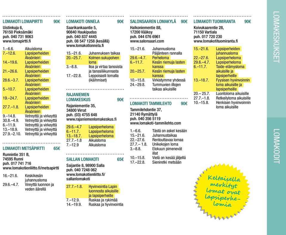 Vetreyttä ja virkeyttä LOMAKOTI METSÄPIRTTI 65 Runnintie 351 B, 74595 Runni puh. 017 741 716 www.lomakotienliitto.fi/metsapirtti 16. 21.6. Keskikesän juhannusloma 29.6. 4.7. Vireyttä luonnon ja veden äärellä LOMAKOTI ONNELA 90 Saarikankaantie 5, 90840 Haukipudas puh.