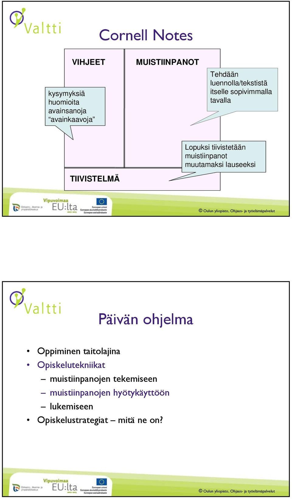 muutamaksi lauseeksi TIIVISTELMÄ Päivän ohjelma Oppiminen taitolajina Opiskelutekniikat