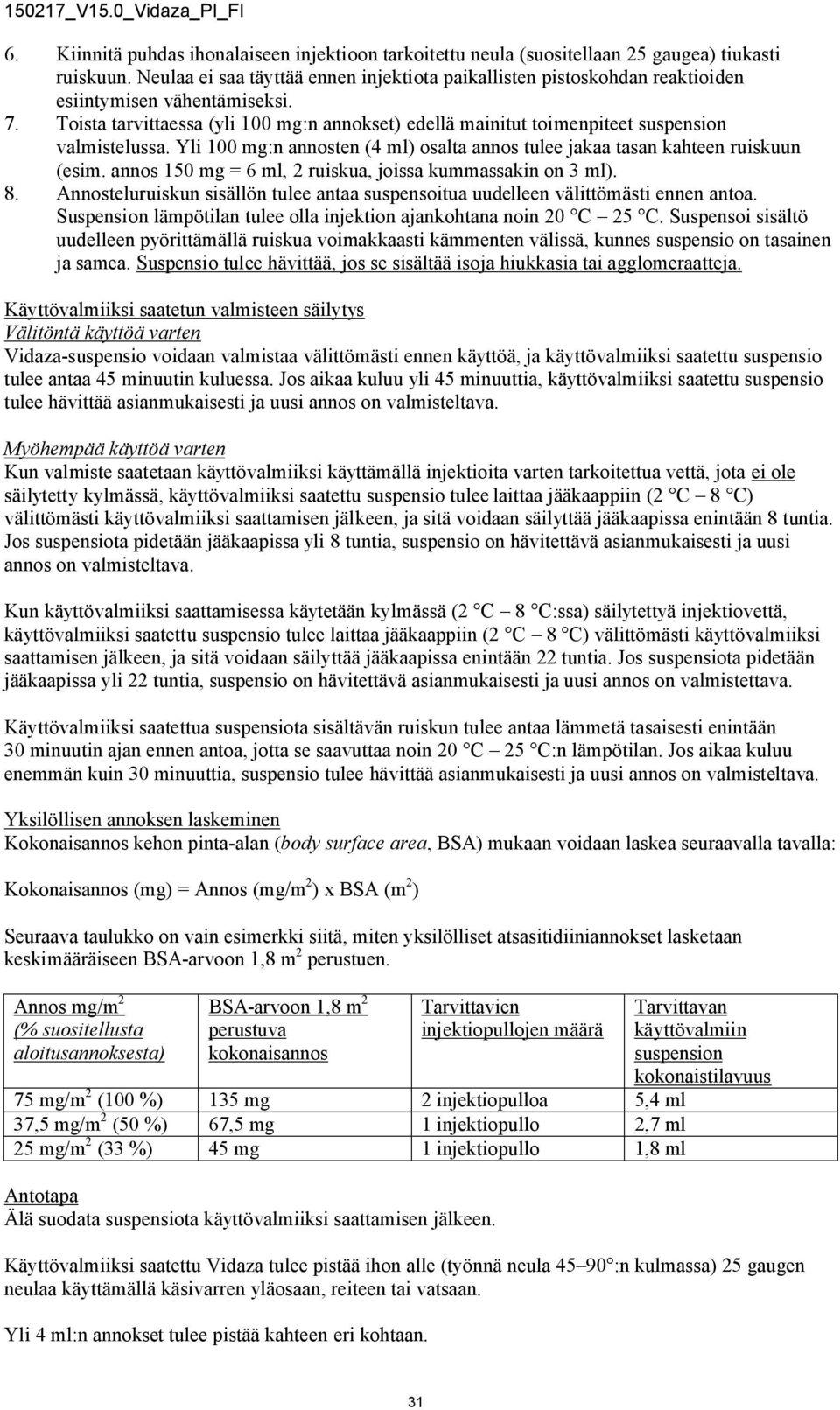 Toista tarvittaessa (yli 100 mg:n annokset) edellä mainitut toimenpiteet suspension valmistelussa. Yli 100 mg:n annosten (4 ml) osalta annos tulee jakaa tasan kahteen ruiskuun (esim.