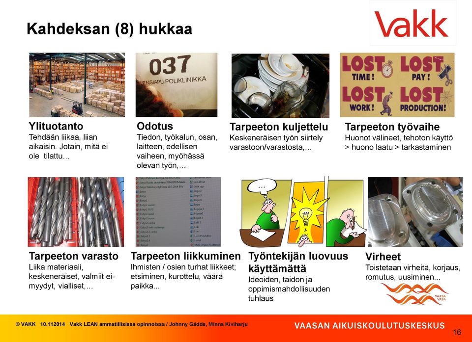 varastoon/varastosta, Tarpeeton työvaihe Huonot välineet, tehoton käyttö > huono laatu > tarkastaminen Tarpeeton varasto Liika materiaali, keskeneräiset, valmiit