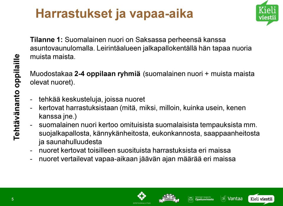 - tehkää keskusteluja, joissa nuoret - kertovat harrastuksistaan (mitä, miksi, milloin, kuinka usein, kenen kanssa jne.