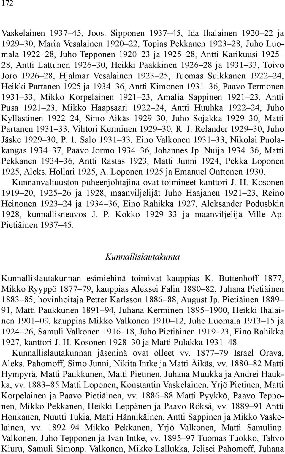 1926 30, Heikki Paakkinen 1926 28 ja 1931 33, Toivo Joro 1926 28, Hjalmar Vesalainen 1923 25, Tuomas Suikkanen 1922 24, Heikki Partanen 1925 ja 1934 36, Antti Kimonen 1931 36, Paavo Termonen 1931 33,