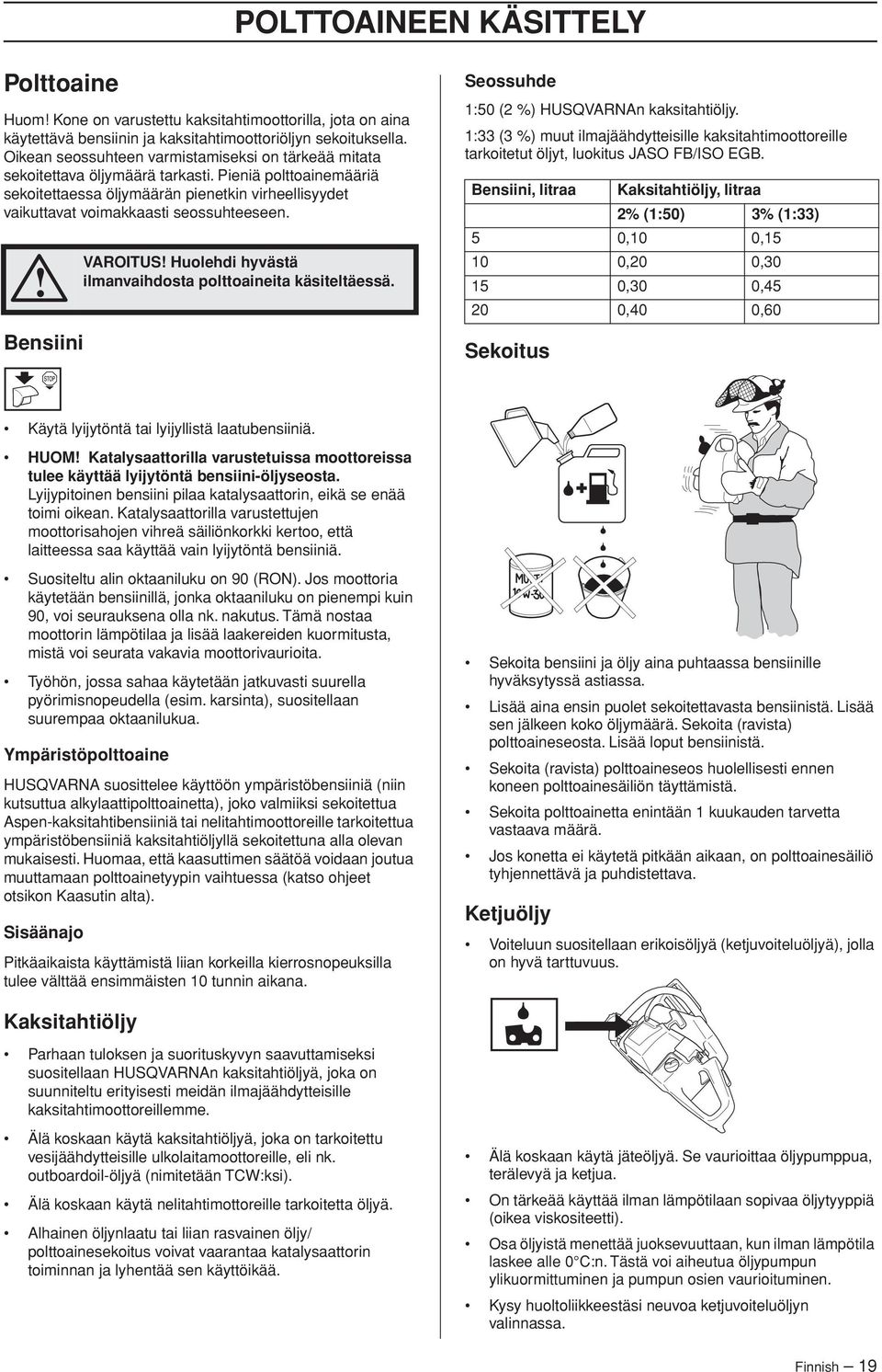 Pieniä polttoainemääriä sekoitettaessa öljymäärän pienetkin virheellisyydet vaikuttavat voimakkaasti seossuhteeseen. Bensiini VAROITUS Huolehdi hyvästä ilmanvaihdosta polttoaineita käsiteltäessä.
